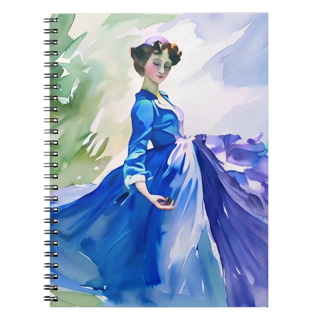 Lady in Blue Dress - Watercolor Painting Notebook (Front)