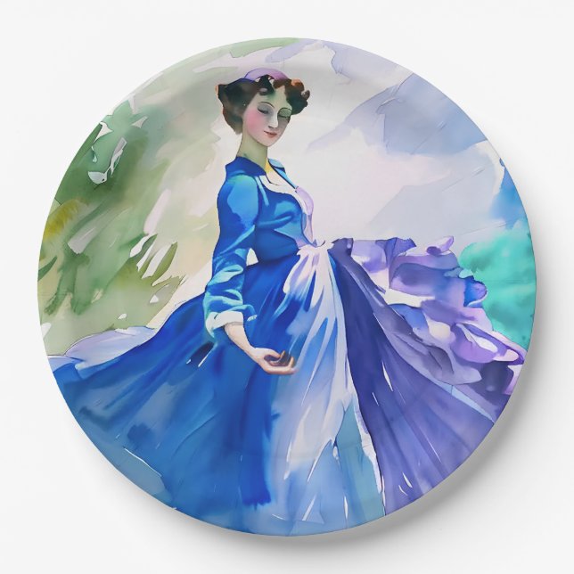 Lady in Blue Dress - Watercolor Painting Paper Plate (Front)
