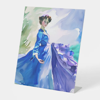 Lady in Blue Dress - Watercolor Painting Pedestal Sign