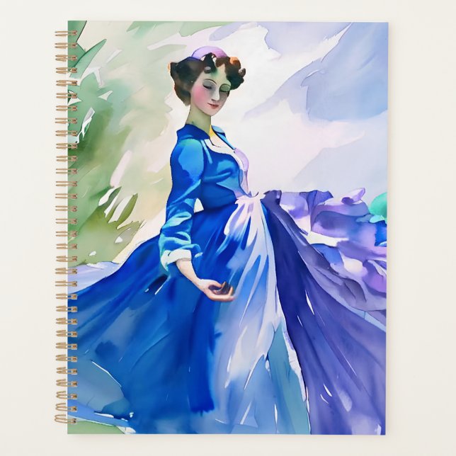 Lady in Blue Dress - Watercolor Painting Planner (Front)