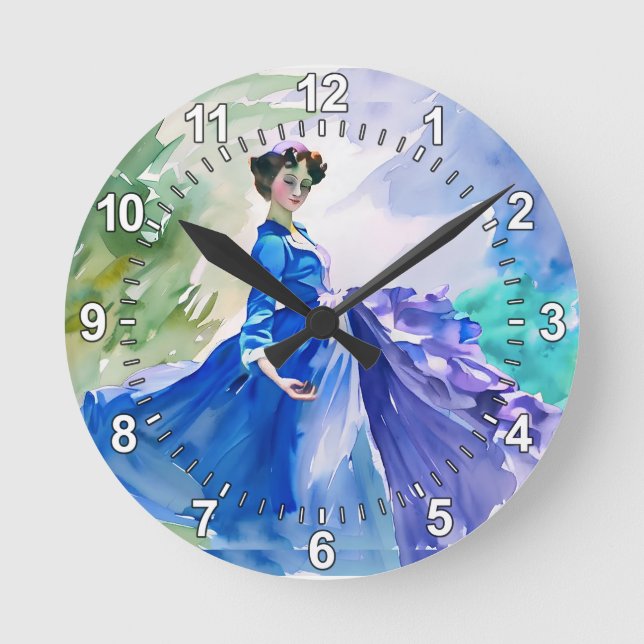 Lady in Blue Dress - Watercolor Painting Round Clock (Front)
