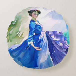 Lady in Blue Dress - Watercolor Painting Round Cushion