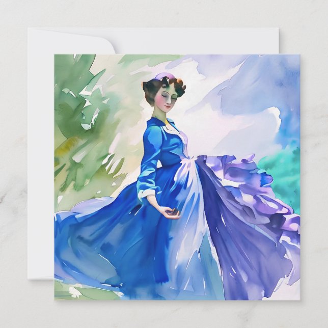 Lady in Blue Dress - Watercolor Painting Save The Date (Front)