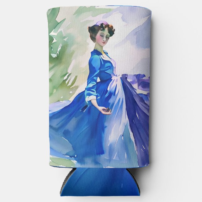 Lady in Blue Dress - Watercolor Painting Seltzer Can Cooler (Front)