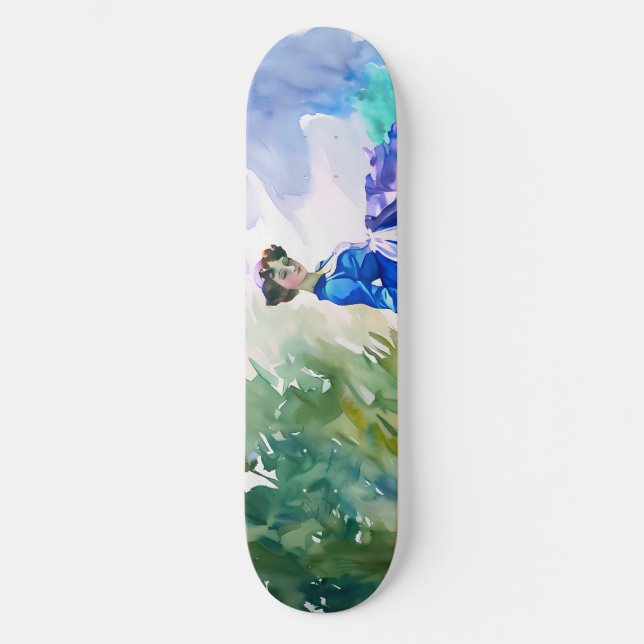 Lady in Blue Dress - Watercolor Painting Skateboard (Front)