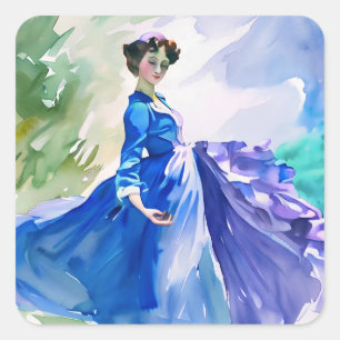 Lady in Blue Dress - Watercolor Painting Square Sticker
