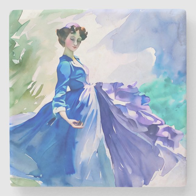 Lady in Blue Dress - Watercolor Painting Stone Coaster (Front)