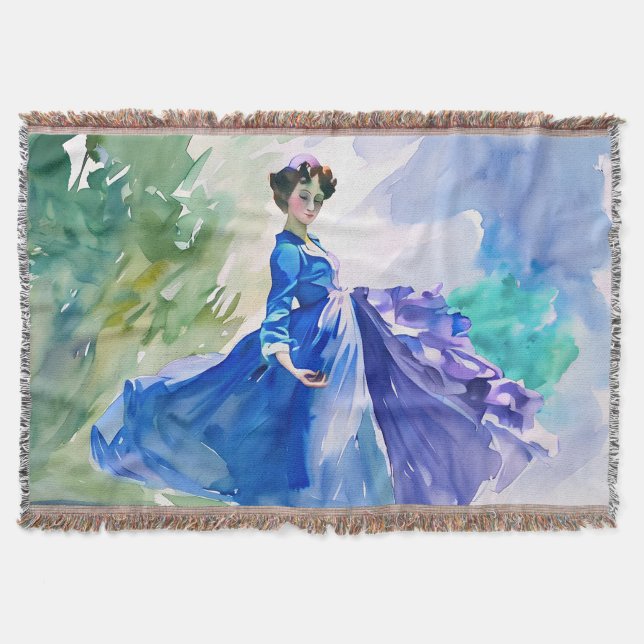 Lady in Blue Dress - Watercolor Painting Throw Blanket (Front)