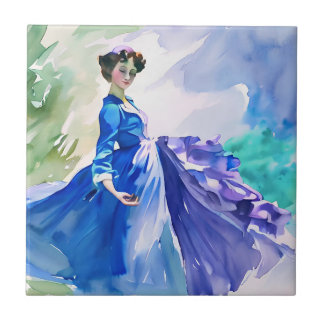 Lady in Blue Dress - Watercolor Painting Tile
