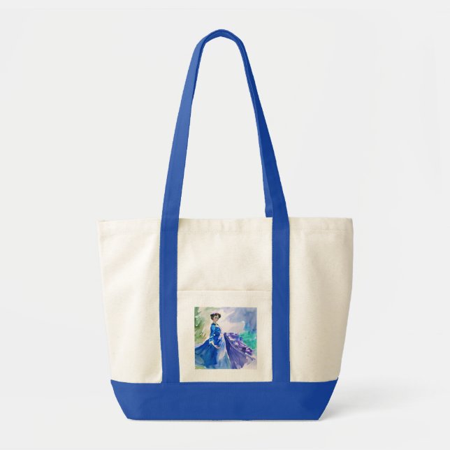 Lady in Blue Dress - Watercolor Painting Tote Bag (Front)