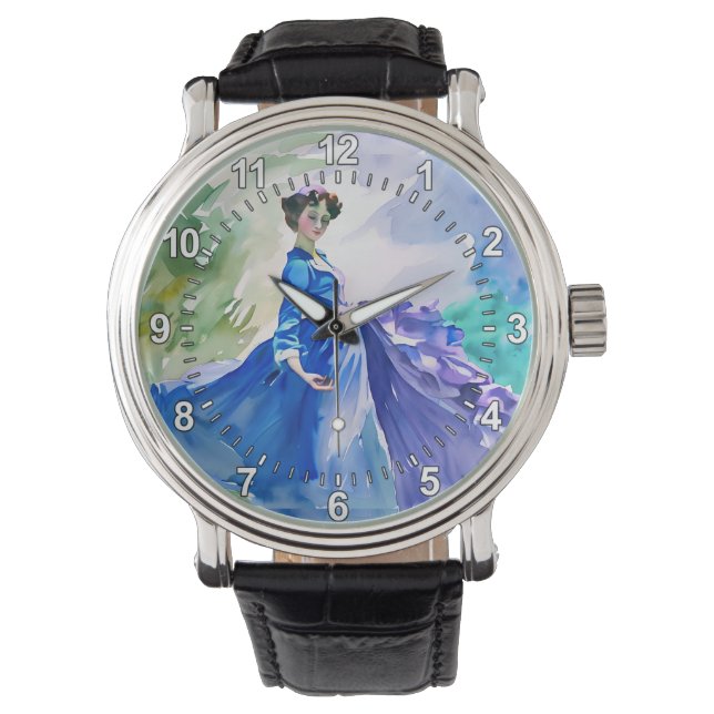 Lady in Blue Dress - Watercolor Painting Watch (Front)