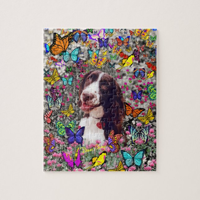 Lady in Butterflies  - Brittany Spaniel Dog Jigsaw Puzzle (Vertical)