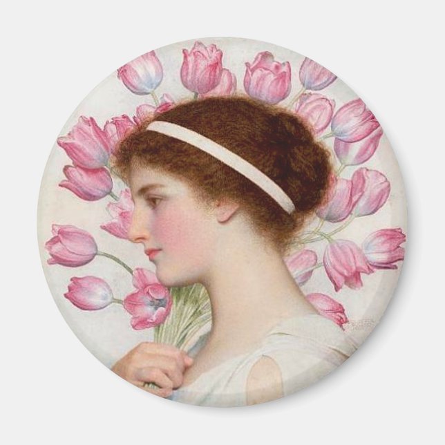 Lady in Classical Dress with Pink Tulips Magnet (Front)
