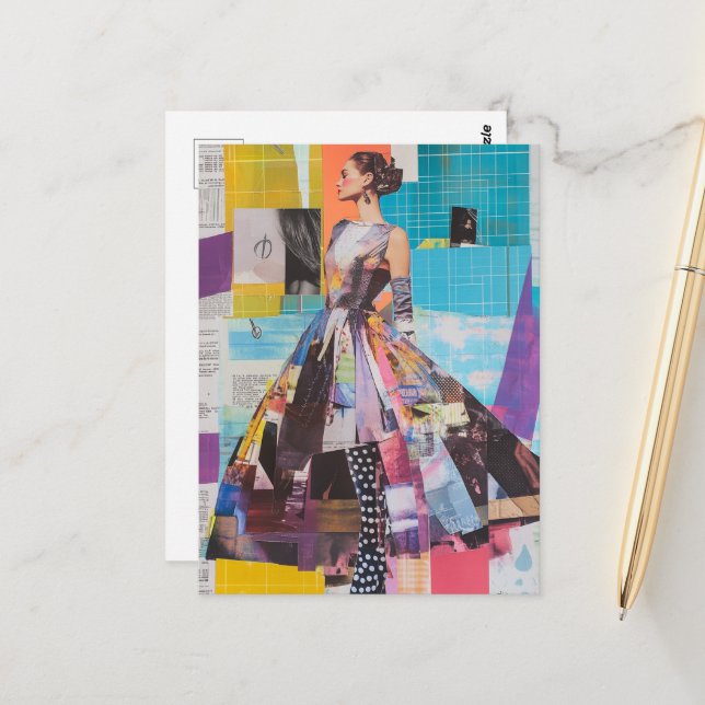 Lady in Fashion Mixed Media Collage Postcard (Front/Back In Situ)