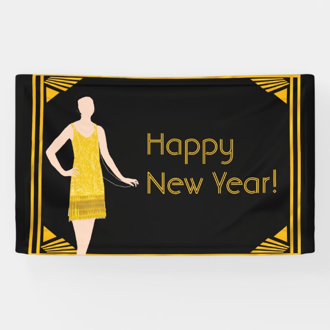 Lady in Gold Roaring 20s Happy New Year Banner (Horizontal)