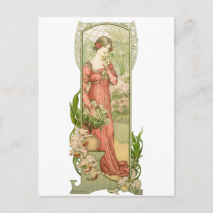 Lady in greenhouse postcard