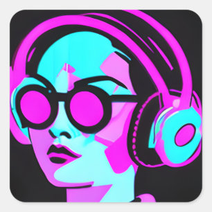 Lady in Headphones Lisetning to Music Square Sticker
