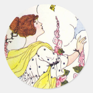 Lady in Hollyhock Garden Classic Round Sticker