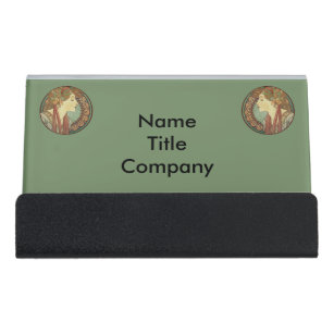 Lady in Mosaic Circle Golden Hair Ribbons Green Desk Business Card Holder