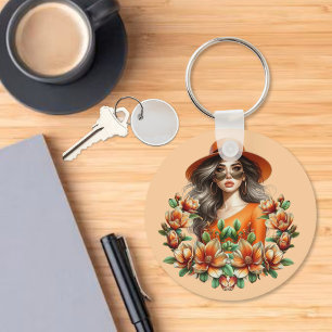Lady in Orange Derby Hat - Orange Floral  Key Ring