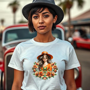 Lady in Orange Derby Hat - Orange Floral T-Shirt