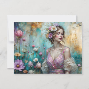 Lady in Pink, textured floral landscape teal gold Postcard