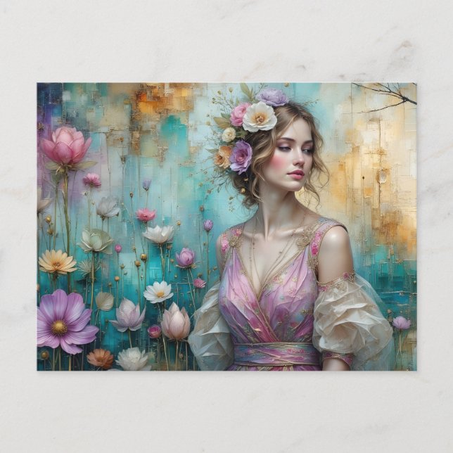 Lady in Pink, textured floral landscape teal gold Postcard (Front)