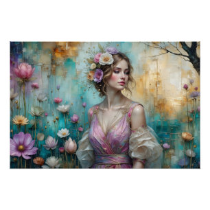 Lady in Pink, textured floral landscape teal gold Poster