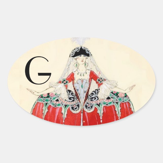 LADY IN RED,BEAUTY,FASHION COSTUME DESIGN MONOGRAM OVAL STICKER (Front)