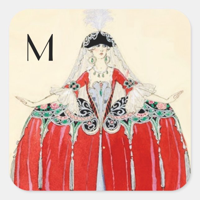 LADY IN RED,BEAUTY FASHION COSTUME DESIGN MONOGRAM SQUARE STICKER (Front)