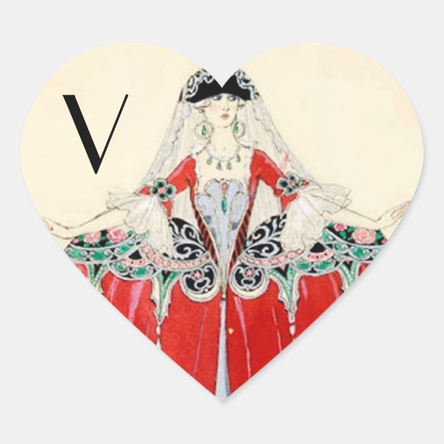 LADY IN RED,BEAUTY,FASHION COSTUME ,HEART MONOGRAM HEART STICKER (Front)
