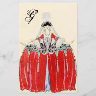 LADY IN RED FASHION COSTUME DESIGNER MONOGRAM STATIONERY
