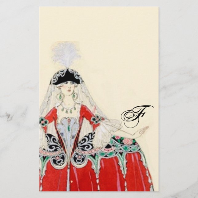 LADY IN RED FASHION COSTUME DESIGNER MONOGRAM STATIONERY (Front)