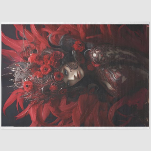 Lady in red feather and black background decoupage tissue paper (Front)