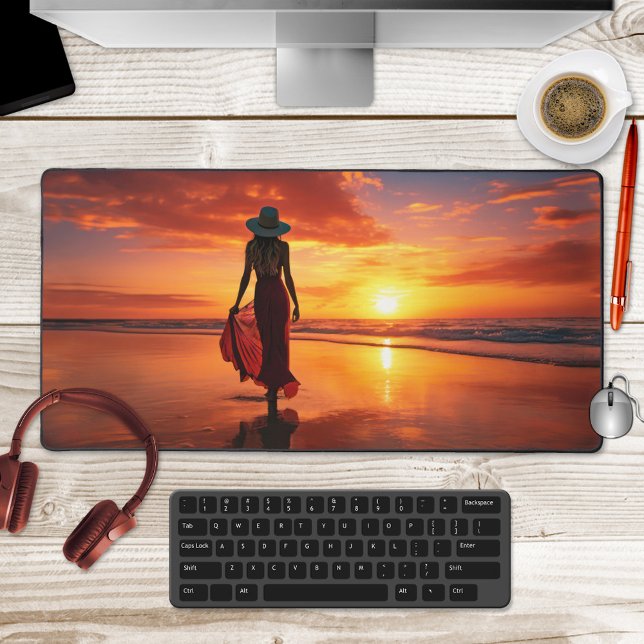 Lady in Red on the Beach Fine Art Desk Mat (Desk mat featuring a colorful painting of a lady in red on the beach at sunset.)