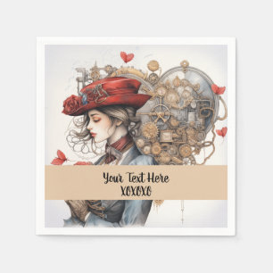 Lady in Red Valentine Kiss steampunk watercolor Napkin