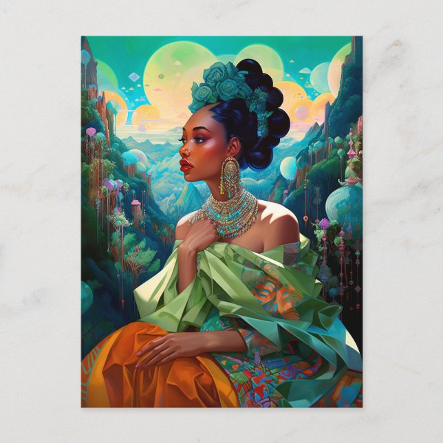 Lady In Surreal World African American Art Postcard (Front)