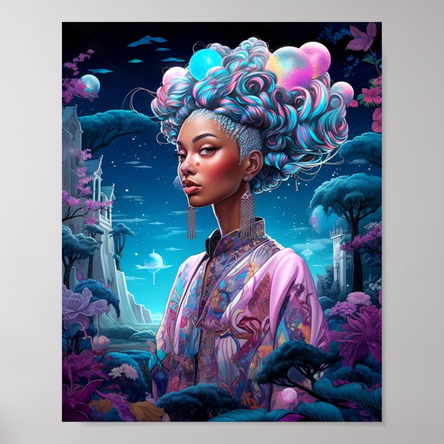Lady In Surreal World African American Art Purple Poster (Front)