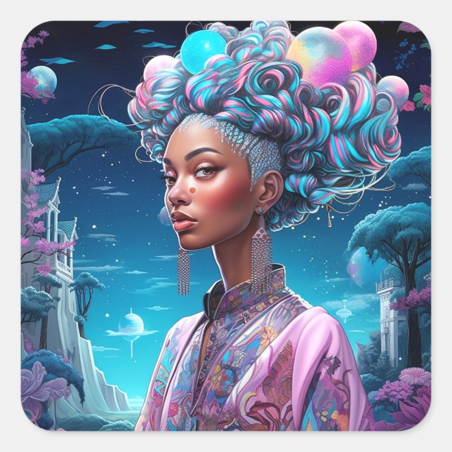 Lady In Surreal World African American Art Purple Square Sticker (Front)