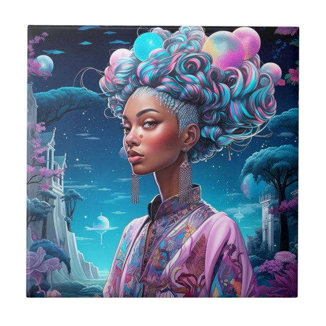 Lady In Surreal World African American Art Purple Tile (Front)