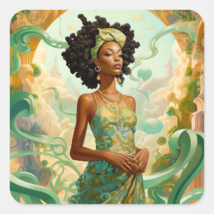 Lady In Surreal World African American Art Square Sticker