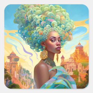 Lady In Surreal World African American Art Square Sticker