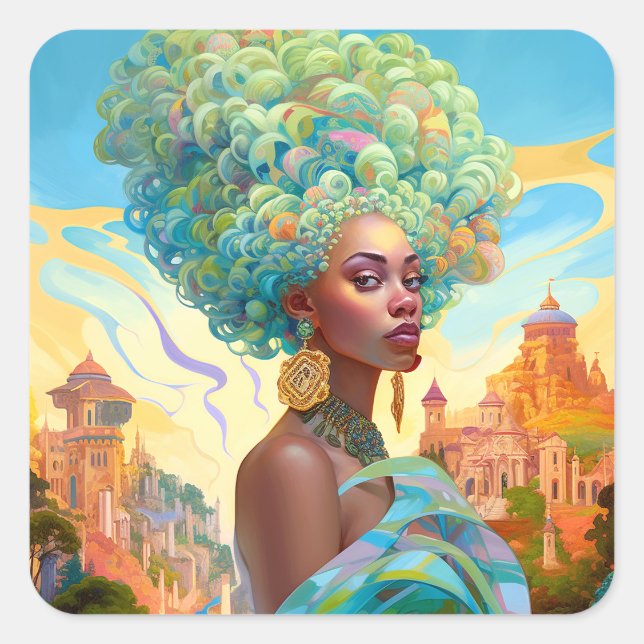 Lady In Surreal World African American Art Square Sticker (Front)