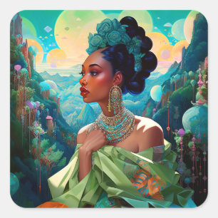 Lady In Surreal World African American Art Square Sticker