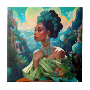 Lady In Surreal World African American Art Tile