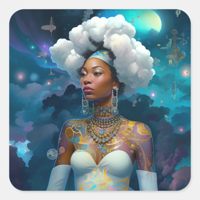 Lady In Surreal World Cosmic African American Art Square Sticker (Front)