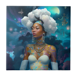 Lady In Surreal World Cosmic African American Art Tile