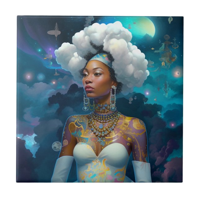 Lady In Surreal World Cosmic African American Art Tile (Front)