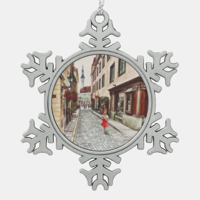 Lady in Tallinn Estonia Snowflake Pewter Christmas Ornament (Front)