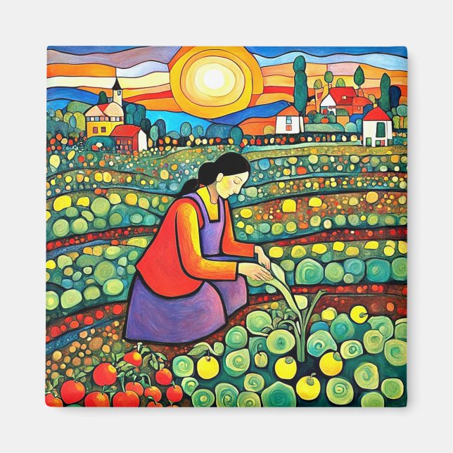 Lady in vegetable patch magnet (Front)